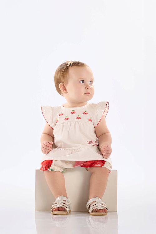 Conjunto Cereja para Bebê com Bata e Calcinha (Off White) Up Baby