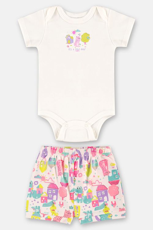 Conjunto para Bebê Menina com Body e Short em Suedine (Off White) Up Baby