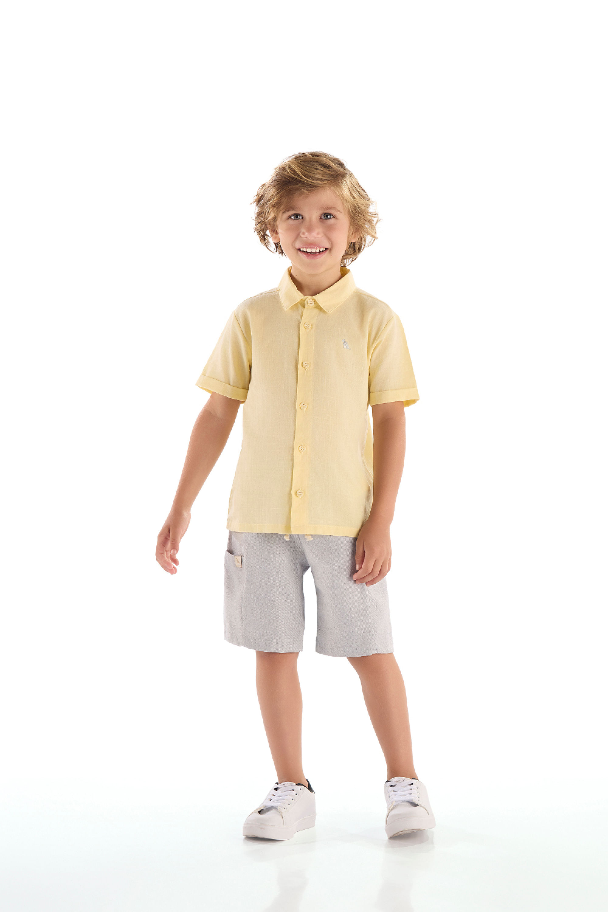 Conjunto Infantil com Camisa Social e Bermuda Sarjada (Amarelo) Quimby