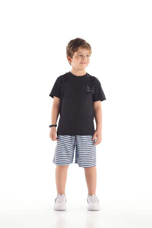 Conjunto Infantil Masculino Camiseta e Bermuda Listrada (Preto) Quimby
