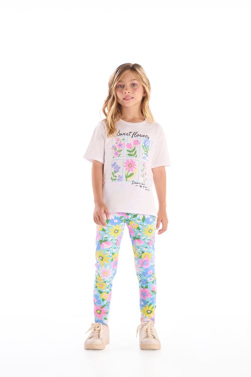 Conjunto Infantil Blusa com Strass e Calça Legging Floral (Branco) Quimby