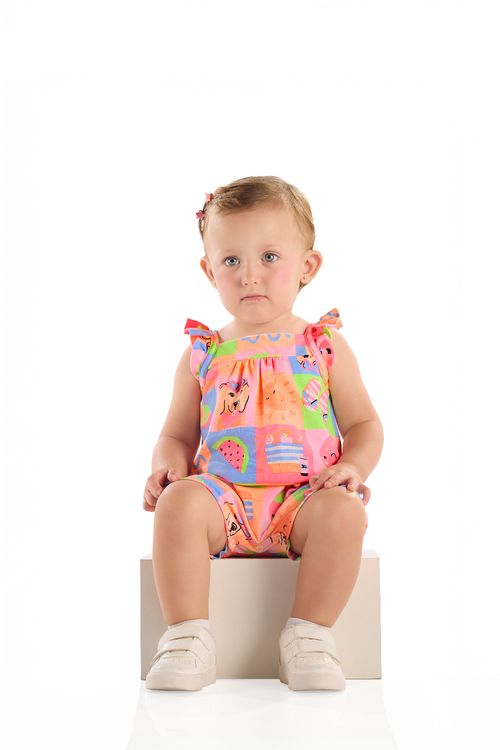 Macaquinho Bebê Menina com Manga Franzida (Multicolor) Quimby