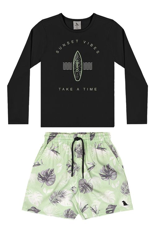 Conjunto Moda Praia Camiseta FPS 50+ e Bermuda em Microfibra (Preto) Quimby