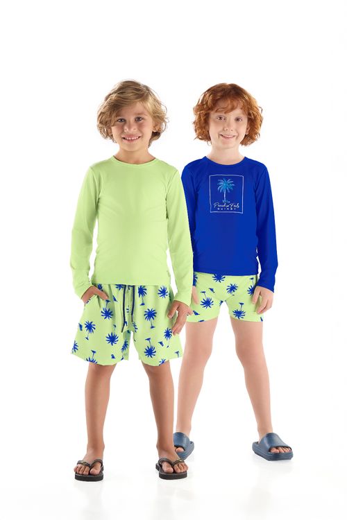 Conjunto Infantil Praia Camiseta UV e Sunga Boxer Estampada (Azul) Quimby