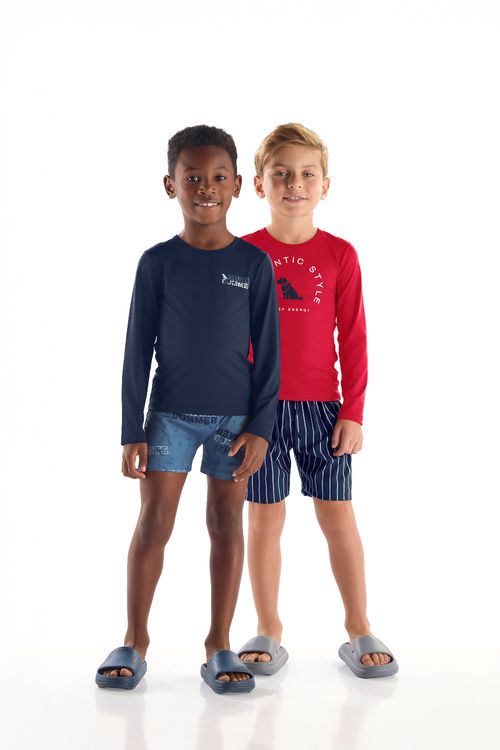 Conjunto Infantil Praia Camiseta UV e Sunga Boxer Estampada (Azul ) Quimby