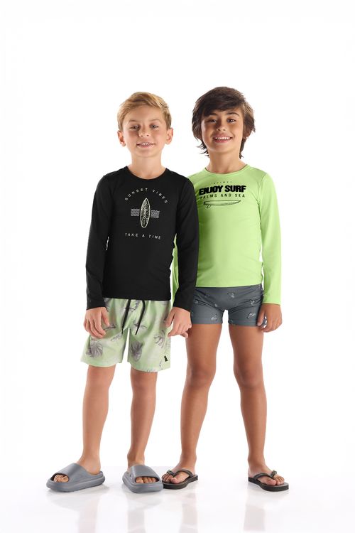 Conjunto Infantil Praia Camiseta UV e Sunga Boxer Estampada (Verde Claro) Quimby