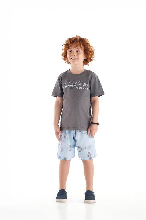 Conjunto Infantil com Camiseta e Bermuda Tropical (Cinza Escuro) Quimby