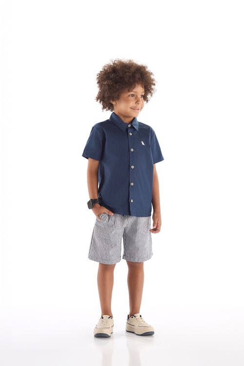 Conjunto Infantil Camisa Social em Tricoline e Bermuda (Azul Marinho) Quimby