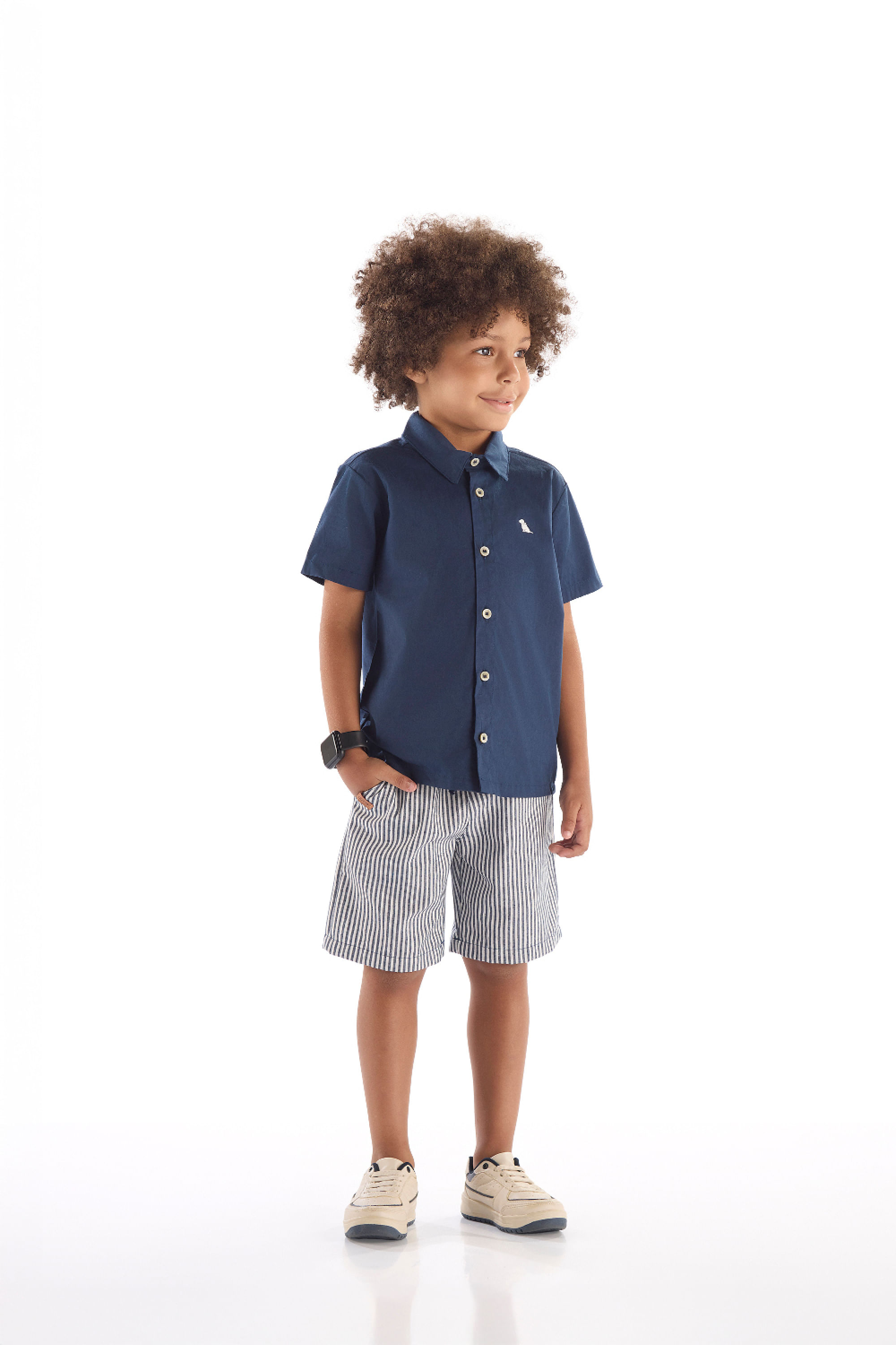 Conjunto Infantil Camisa Social em Tricoline e Bermuda (Azul Marinho) Quimby