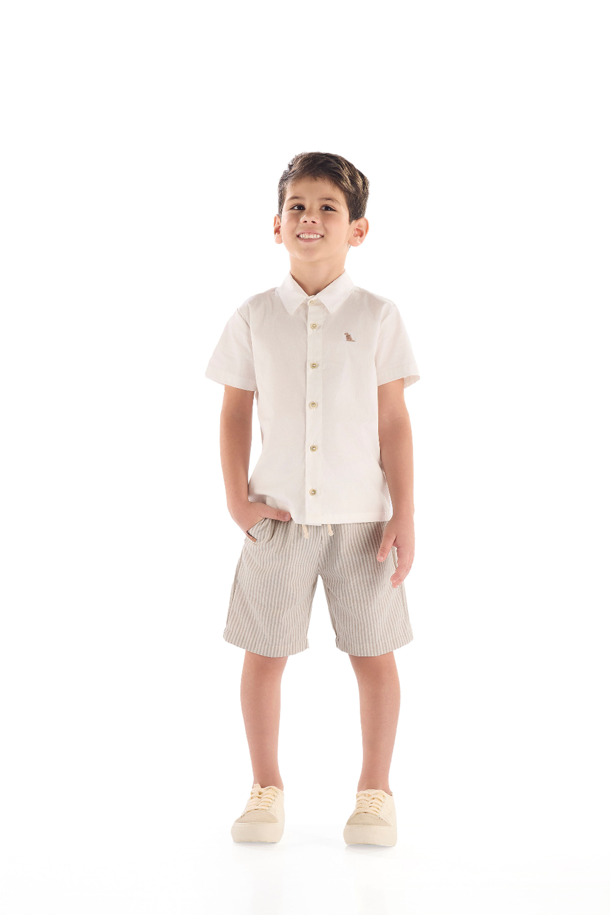 Conjunto Infantil Camisa Social em Tricoline e Bermuda (Off White) Quimby