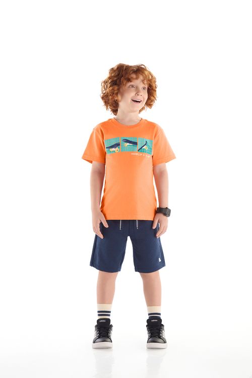 Conjunto Infantil Camiseta Skate e Bermuda (Laranja) Quimby