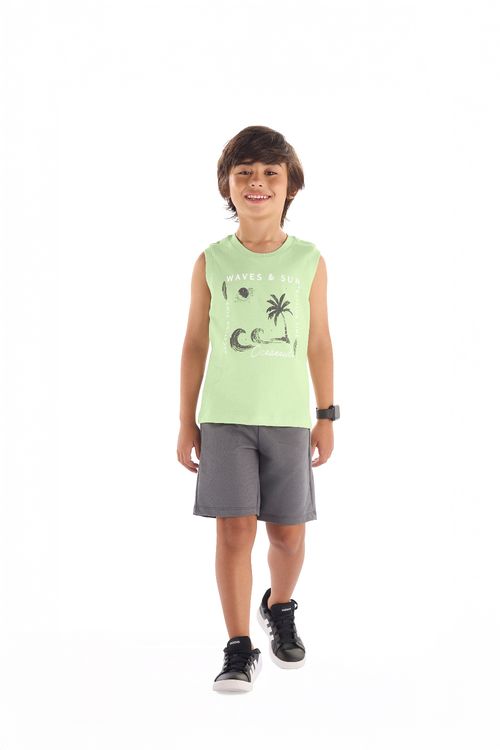 Conjunto Infantil com Regata Estampada e Bermuda (Verde Claro) Quimby