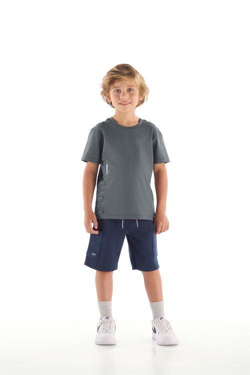 Conjunto Infantil com Camiseta Estampada e Bermuda (Cinza Escuro) Quimby