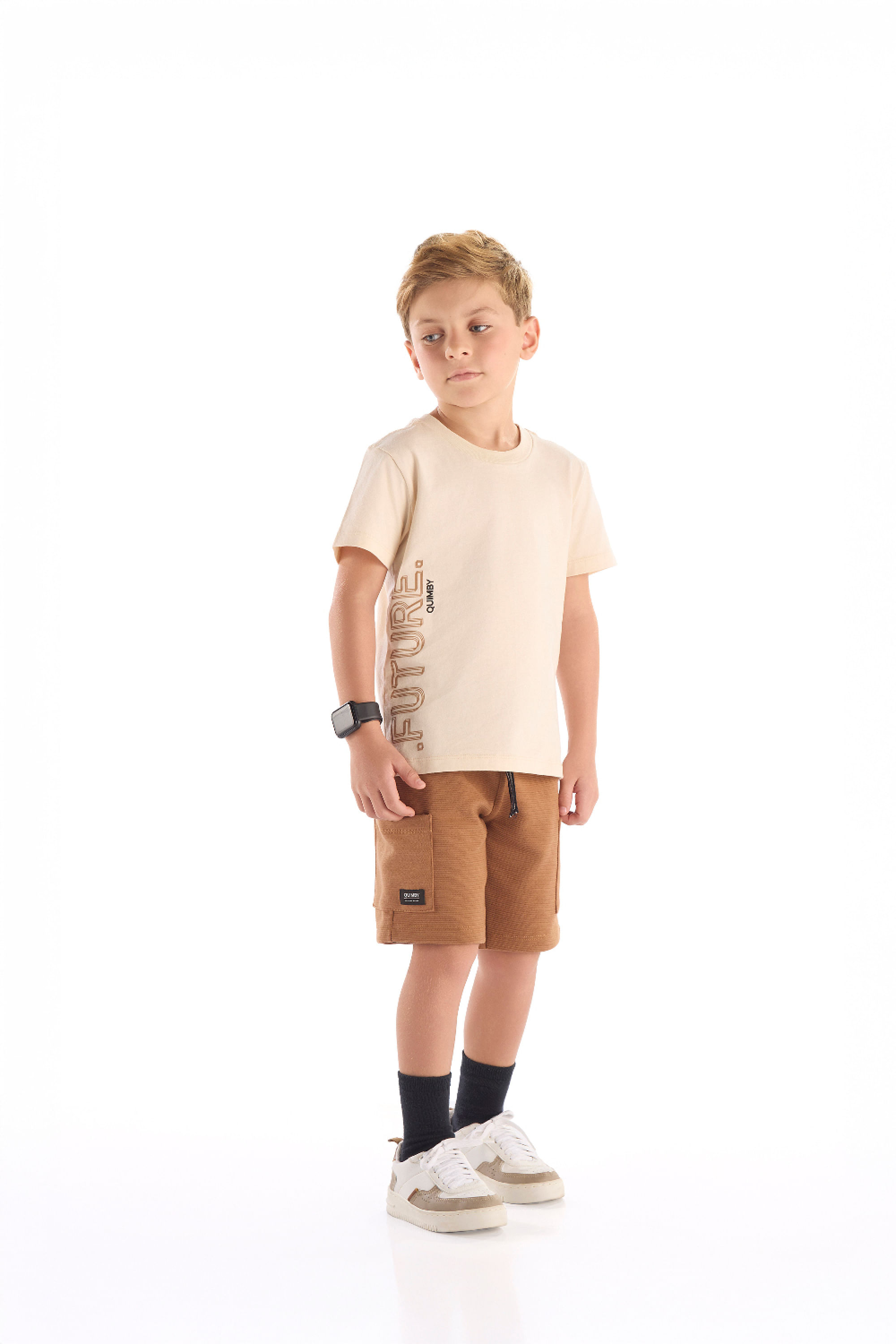 Conjunto Infantil com Camiseta Estampada e Bermuda (Bege) Quimby