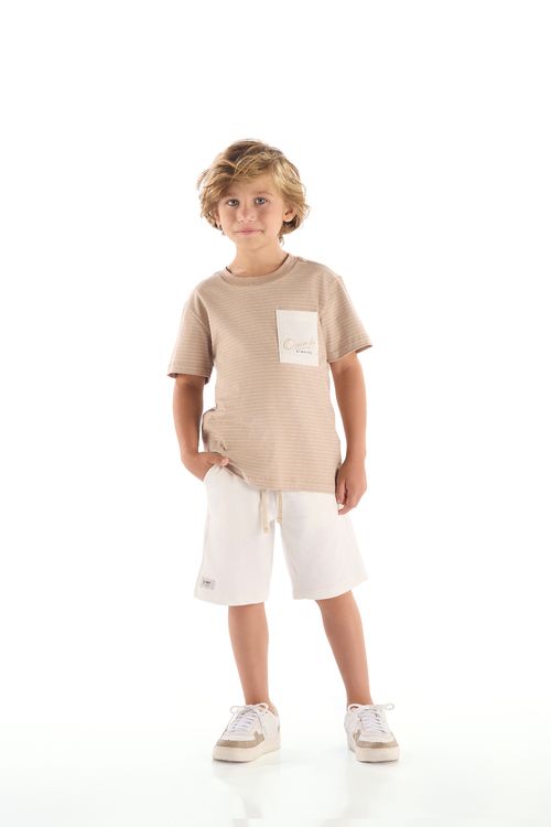 Conjunto Infantil Masculino com Camiseta Listrada e Bermuda (Bege) Quimby