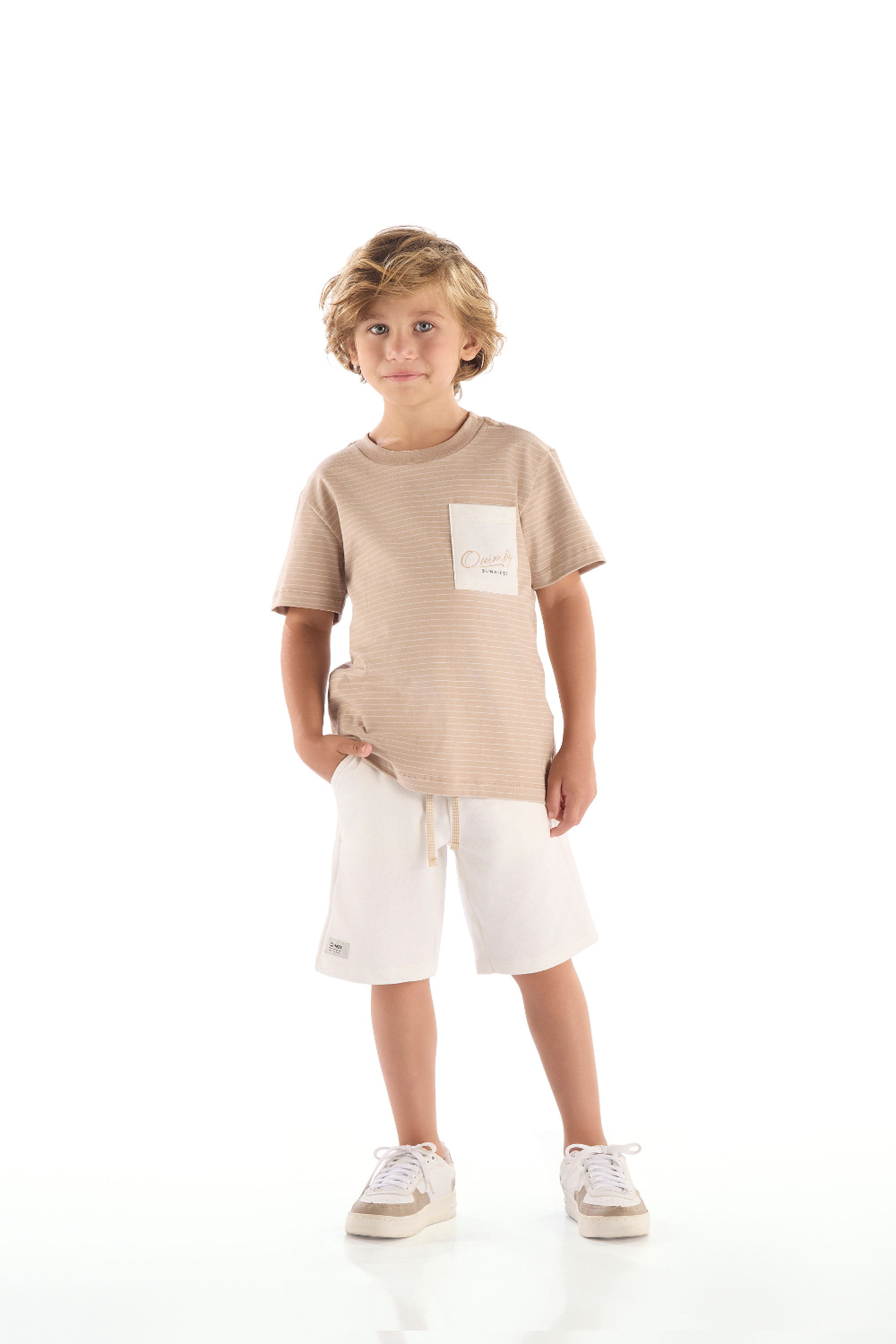 Conjunto Infantil Masculino com Camiseta Listrada e Bermuda (Bege) Quimby