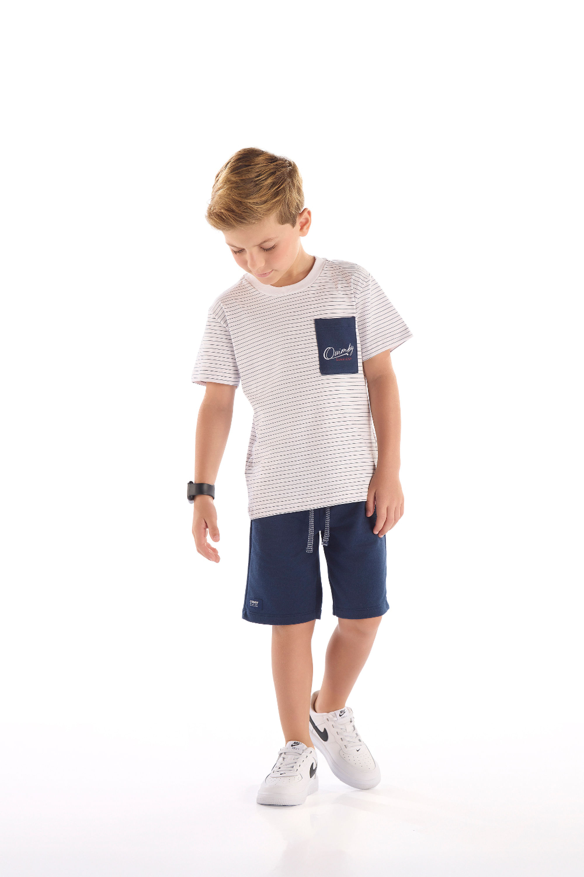 Conjunto Infantil Masculino com Camiseta Listrada e Bermuda (Branco) Quimby