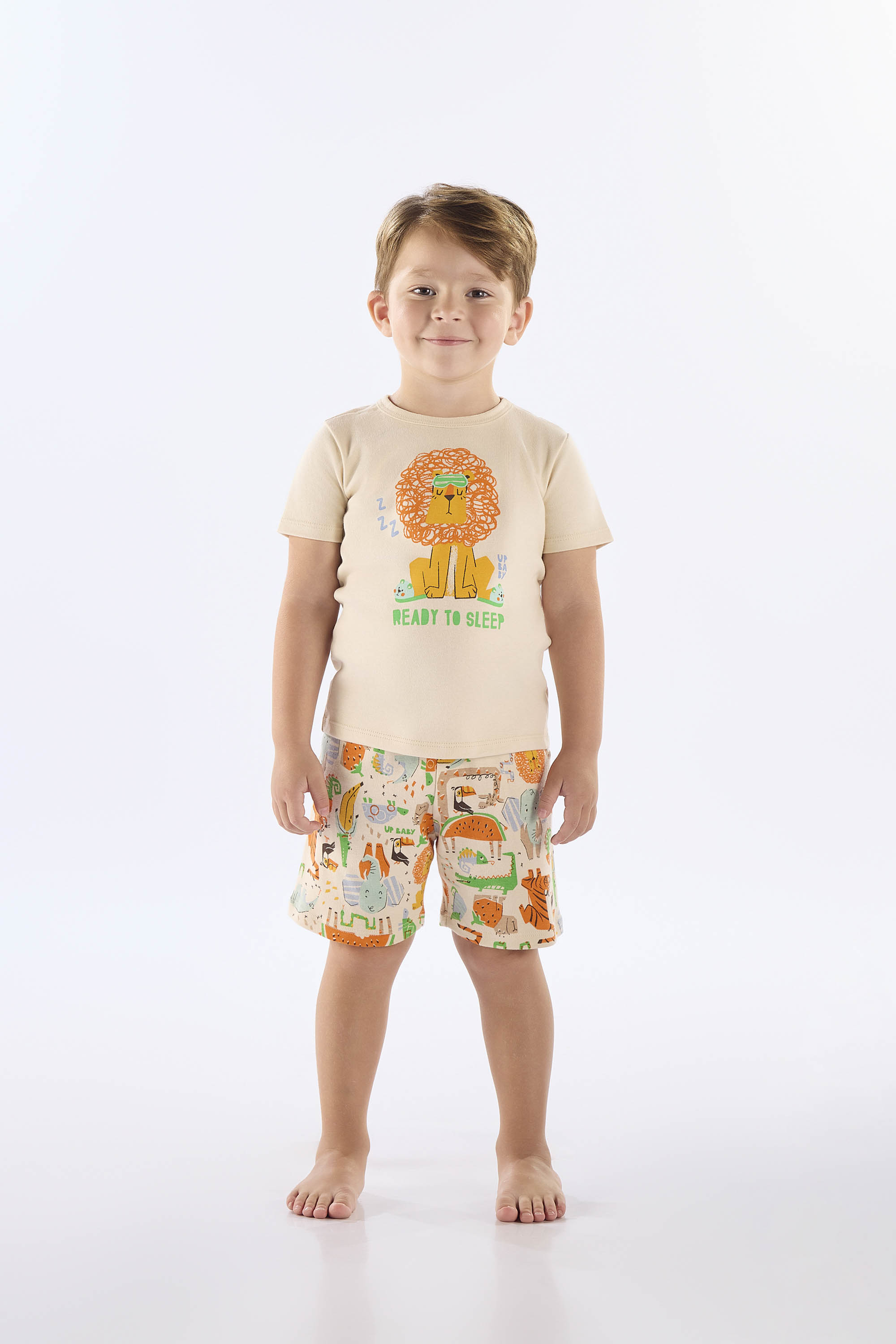 Pijama Infantil de Verão com Camiseta e Bermuda Estampados (Bege) Up Baby