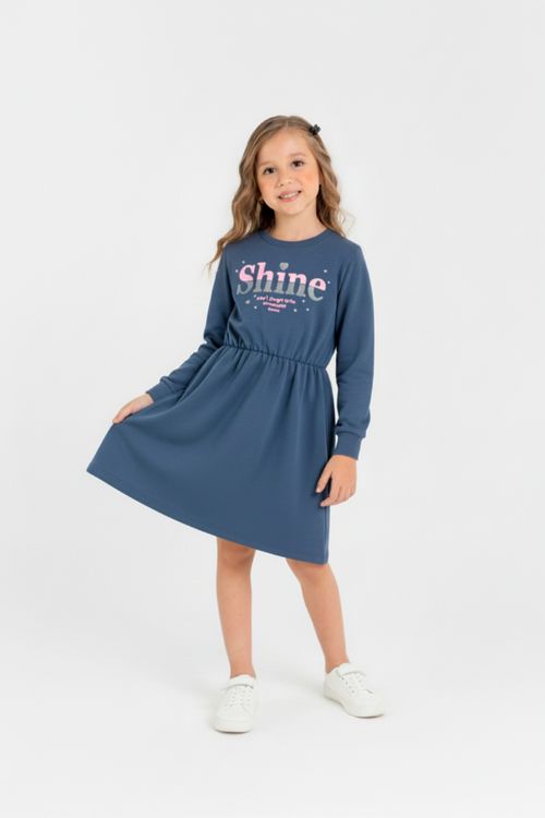 Vestido Infantil Manga Longa em Moletom Sem Felpa (Azul Marinho) Guloseima