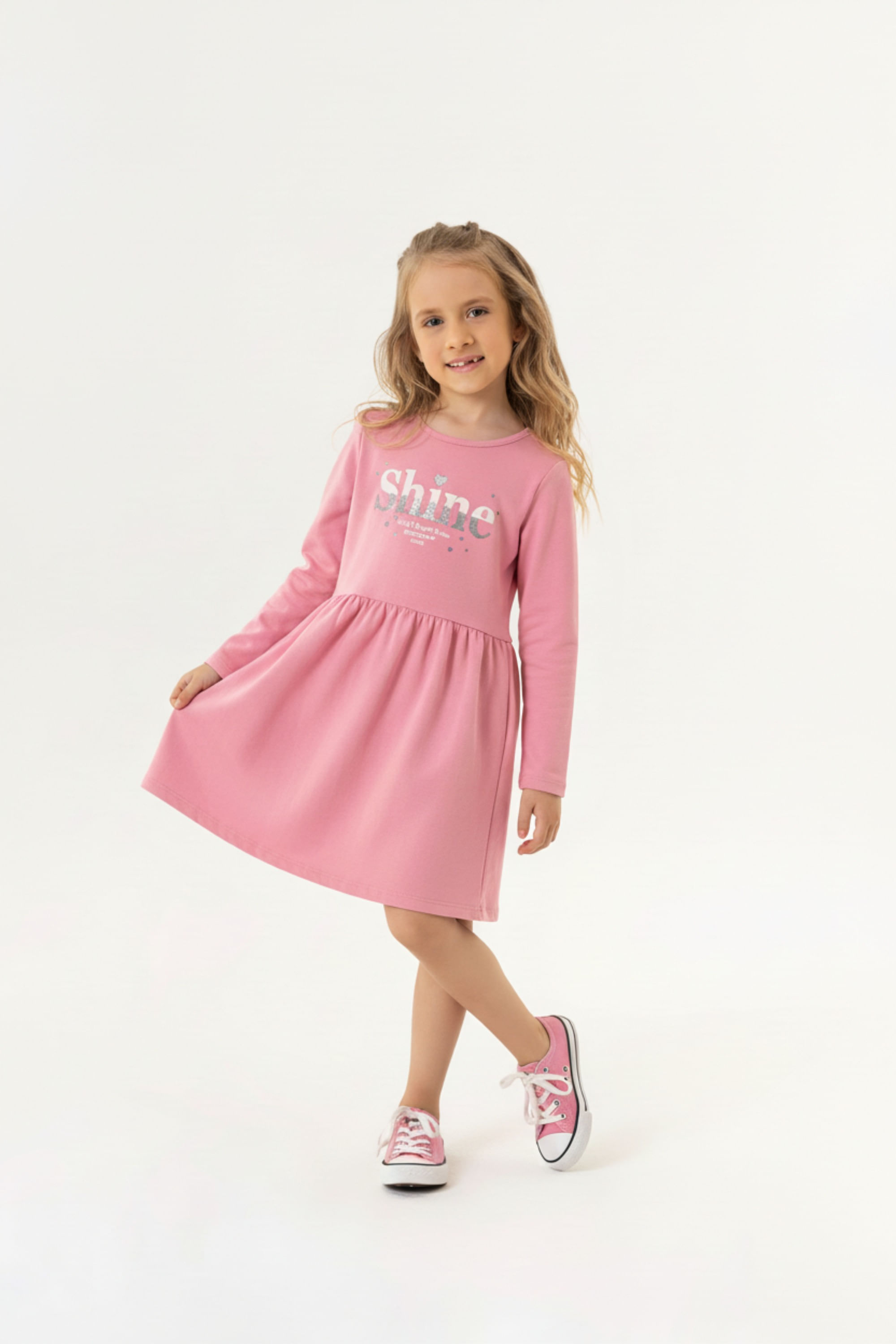 Vestido Infantil Manga Longa em Moletom Sem Felpa (Rosa) Guloseima