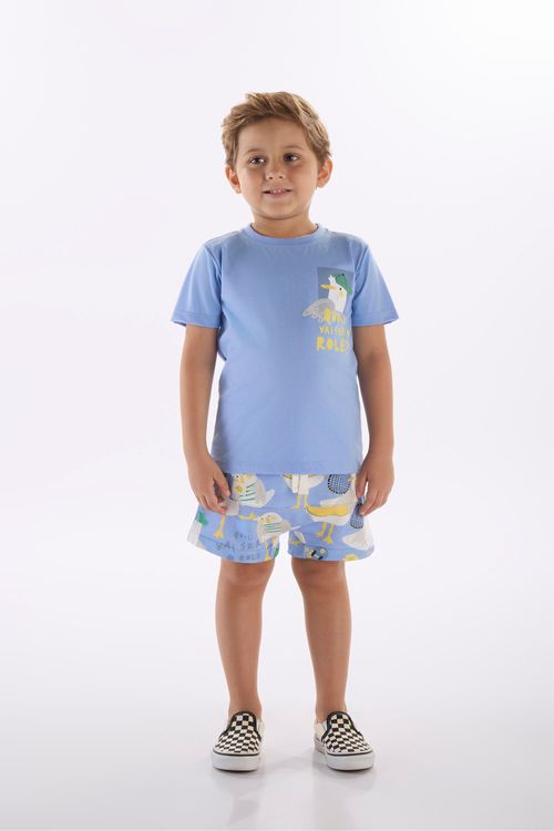 Conjunto Infantil com Camiseta e Short Ninhada (Azul Claro) Três e Já
