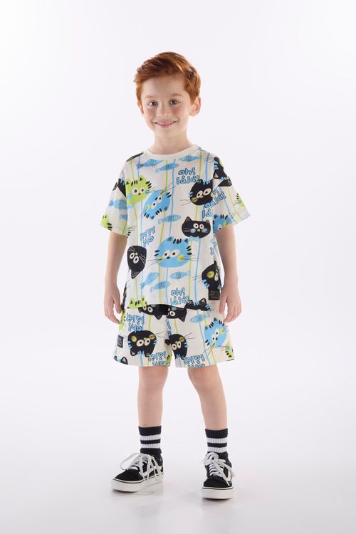 Conjunto Infantil Masculino Gatos com Camiseta e Short (Branco) Três e Já