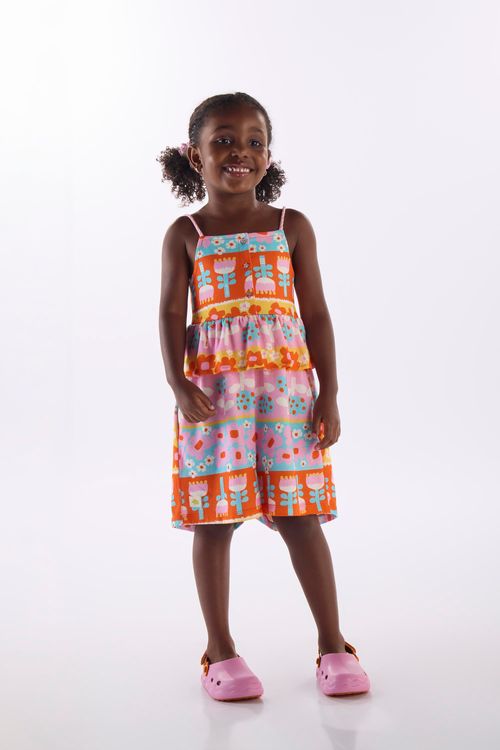 Macaquinho Flores Infantil Feminino em Algodão (Azul) Três e Já