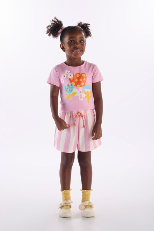 Conjunto Flores Infantil com Blusa e Short (Rosa) Três e Já