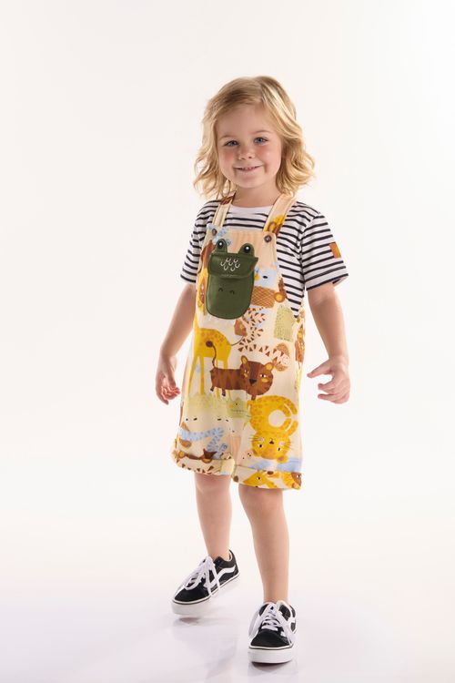 Conjunto Infantil Safári com Camiseta e Jardineira (Branco) Três e Já