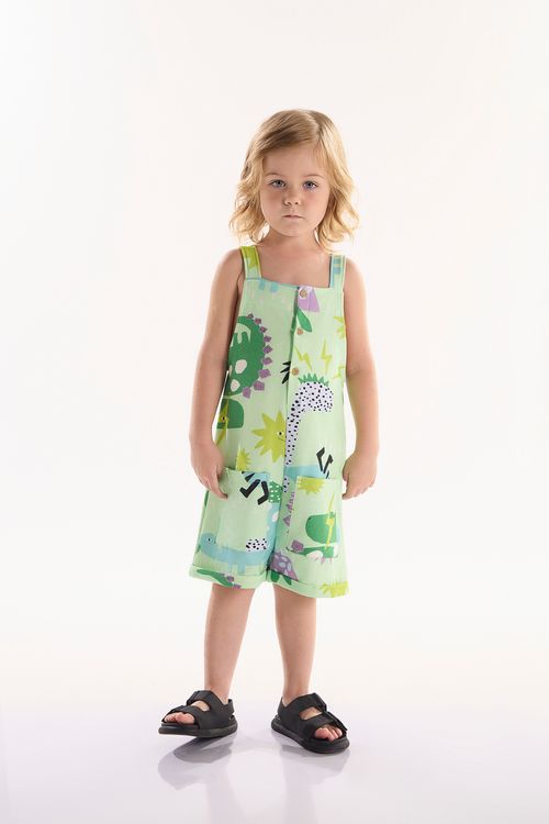 Jardineira Infantil Masculina em Molecotton Dinos (Verde) Três e Já