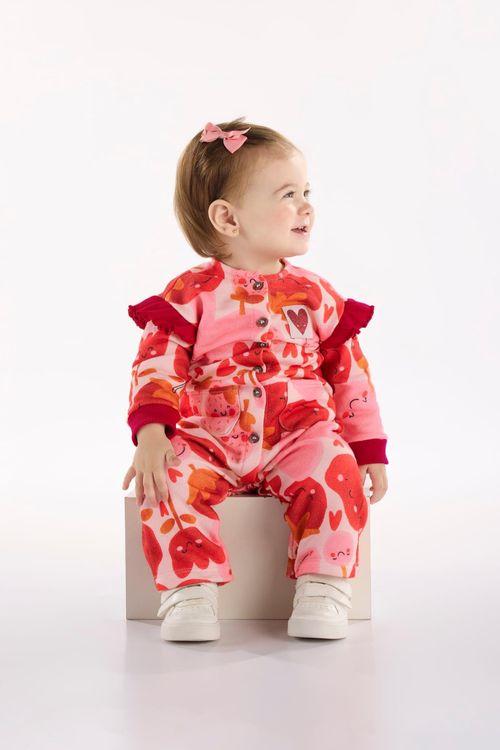 Macacão Frutas Vermelhas para Bebê Menina (Vermelho) Três e Já