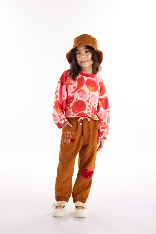 Conjunto Infantil Frutas Vermelhas com Blusão Cropped e Calça (Off White) Três e Já