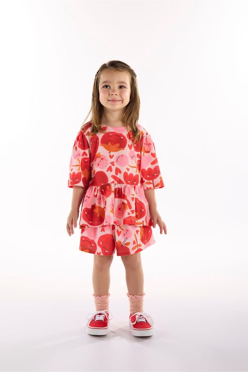 Conjunto Infantil Frutas Vermelhas com Blusa e Short (Rosa) Três e Já
