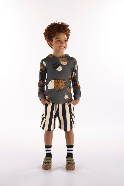 Conjunto Nozes Infantil Masculino com Camiseta e Bermuda (Cinza) Três e Já