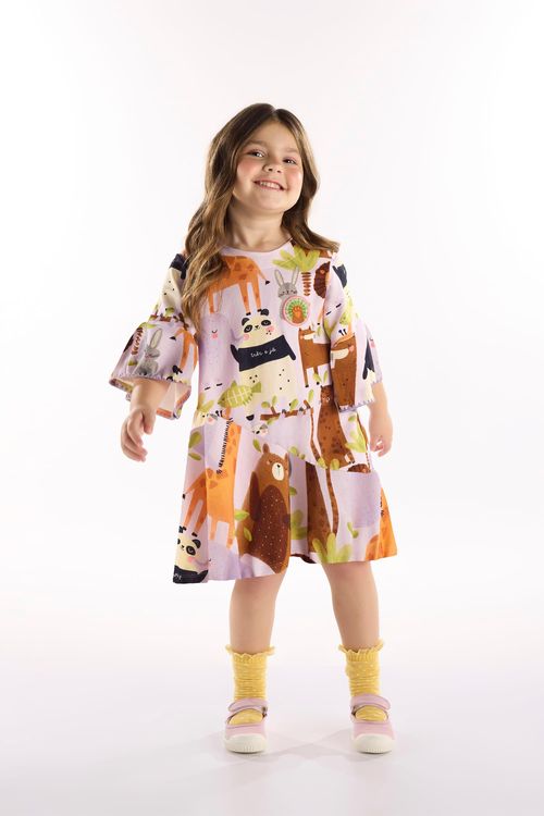 Vestido Safári Encantado Infantil em Molecotton Sem Felpa (Roxo) Três e Já