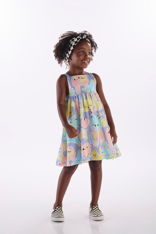 Vestido Infantil Folia em Algodão e Viscose (Azul) Três e Já