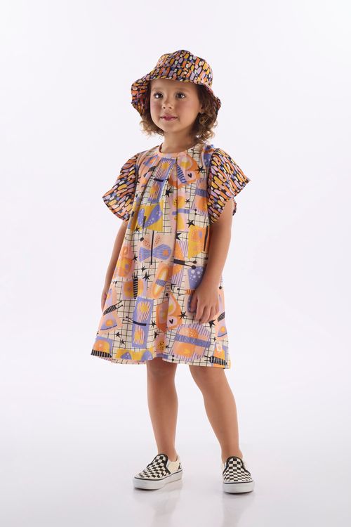 Vestido Borboleta Infantil em Algodão e Viscose (Off White) Três e Já