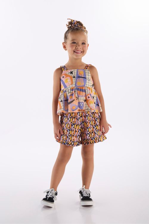 Conjunto Borboleta Infantil com Blusa e Short (Off White) Três e Já