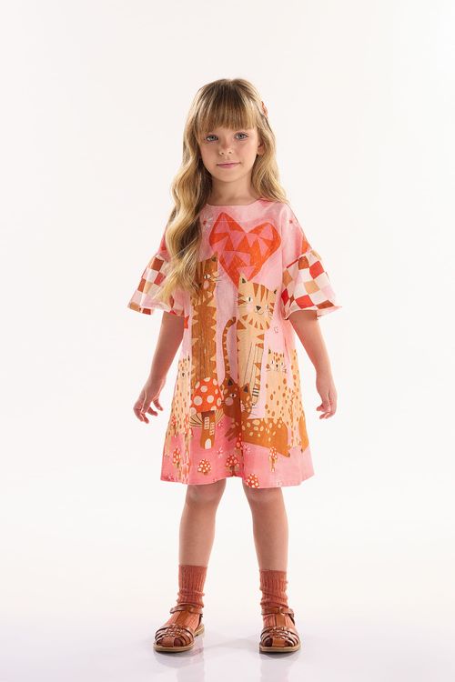 Vestido Infantil Gatinhos em Viscolinho (Off White) Três e Já