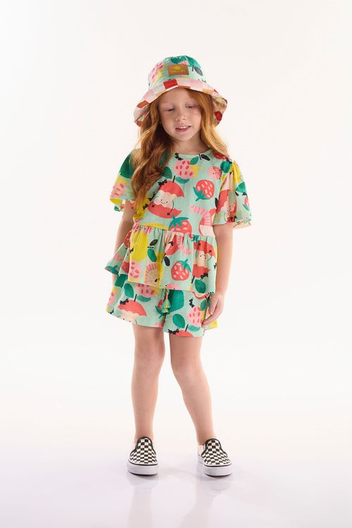 Conjunto Infantil Pomar Feliz com Blusa e Short (Verde) Três e Já