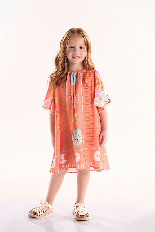 Vestido Infantil Interestelar em Viscose (Laranja) Três e Já