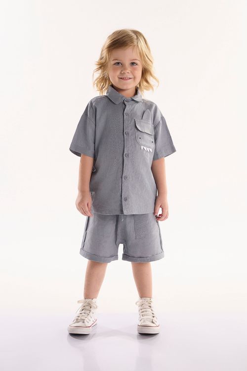 Conjunto oMar Infantil Masculino com Camisa e Short (Cinza) Três e Já