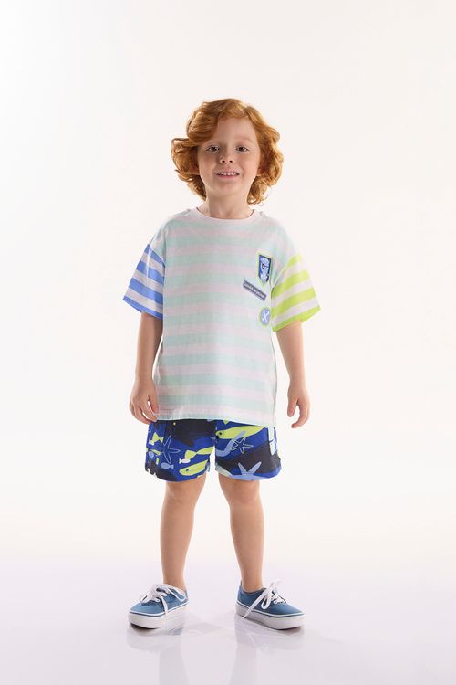 Conjunto Infantil Masculino oMar com Camiseta e Short (Branco) Três e Já