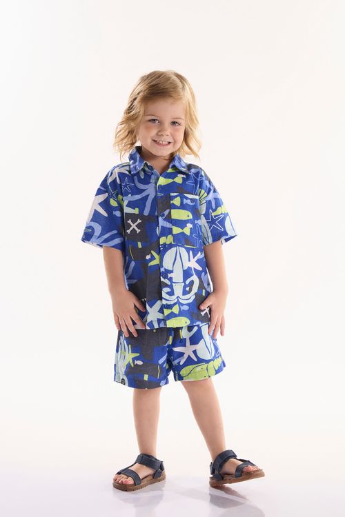 Conjunto Infantil Masculino oMar com Camisa e Short (Azul) Três e Já