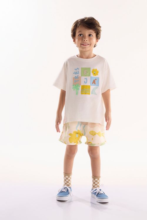 Conjunto Beiramar Infantil com Camiseta e Short (Off White) Três e Já