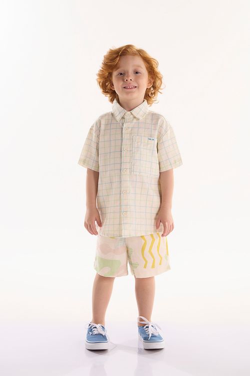 Conjunto Infantil Menino Beiramar com Camisa e Bermuda (Off White) Três e Já