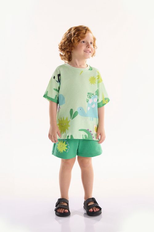 Conjunto Infantil Masculino Dino com Camiseta e Short (Verde) Três e Já