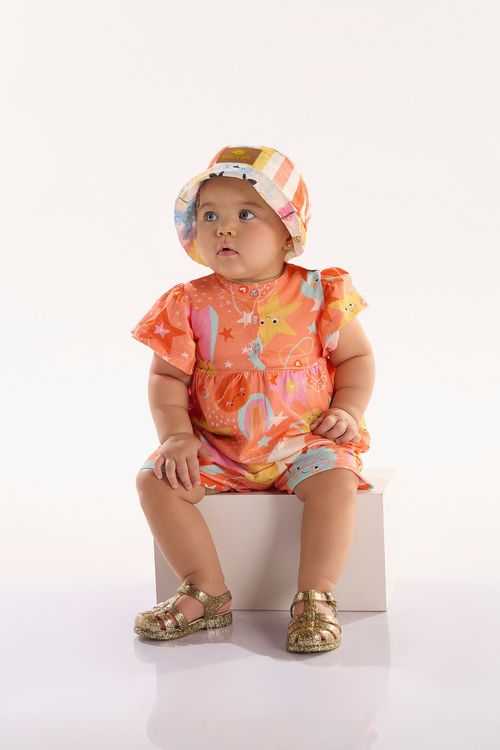 Macaquinho Bebê Menina Interestelar em Meia Malha (Laranja) Três e Já