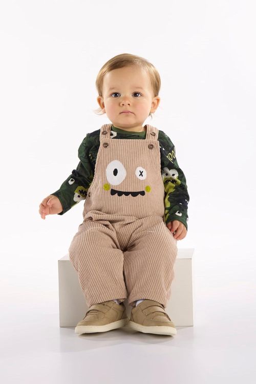 Conjunto Bebê Menino com Camiseta e Jardineira de Monstrinho (Verde) Três e Já