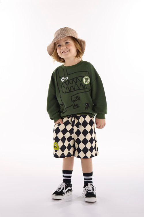 Conjunto Infantil Masculino com Blusão e Bermuda de Monstrinho (Verde) Três e Já